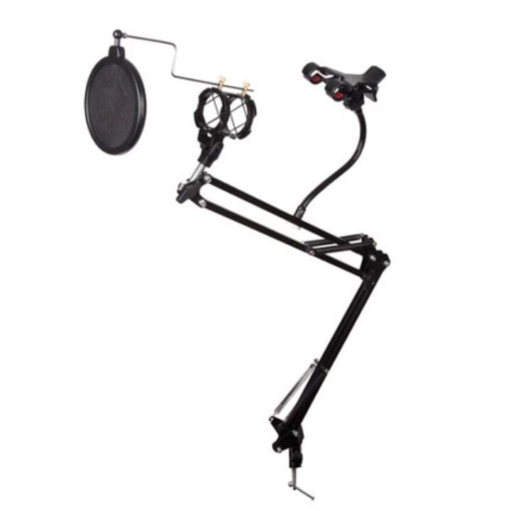 Microfoon-tafelstatief met telefoonhouder en popfilter