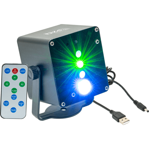 TINYLED-LASRGB 3W RGB LED & LASER EFFECT IN ZAKFORMAAT OP BATTERIJ
