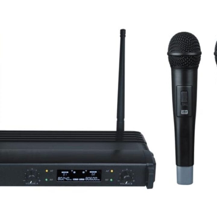 UHF-microfoon, draadloos, lcd-scherm, 2 kanalen, 2 microfoons, 863.50 MHz + 865.00 MHz