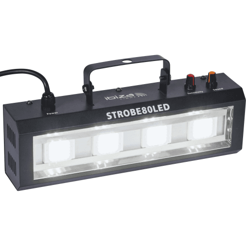 STROBE80LED LED STROBOSCOOP 4 x 20W De witte flitsen produceren op witte kleding een spookachtig effect. Instelbare flitssnelheid en gevoeligheid