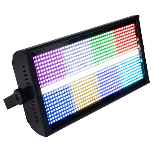 HYPER-STROBE-RGB+W STROBE 2-IN-1 RGB + WIT 8 vierkante secties en een witte middenlijn, allemaal afzonderlijk geregeld 84 ingebouwde effecten met snelheidsregeling Instelbare helderheid van kleuren
