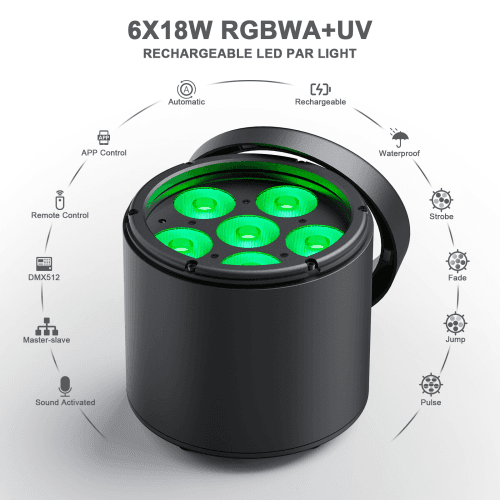 DJLicht 6x18W Waterdicht uplicht rond met bal RGBW+UV met accu app en afstandsbediening - Image 2