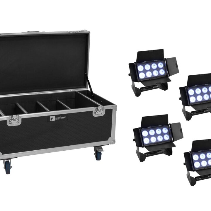 EUROLITE Set 4x AKKU Multiflood IP 8x10W RGBW Wash CRMX + Case with charging function
