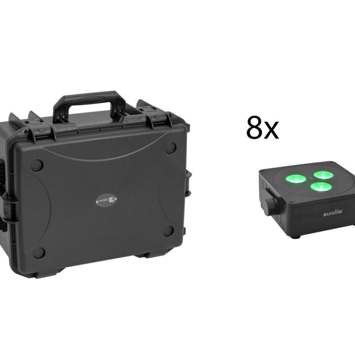 EUROLITE Set 8x AKKU IP Flat Light 3 bk + Plastic case with trolley