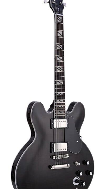 SEL6CTBK SX archtop guitar with flamed okoume body and split block inlay zwart