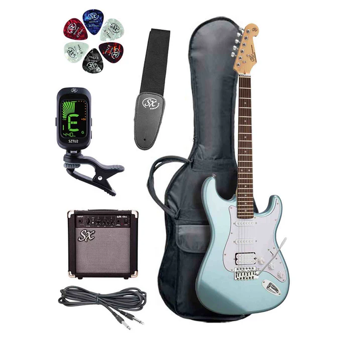 SX SE1HSS-SK-MIB ST elektrische gitaar set 44 HSS Ice Blue met 10W versterker